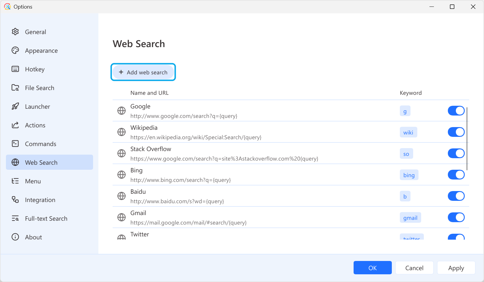 Web Search page in Options
